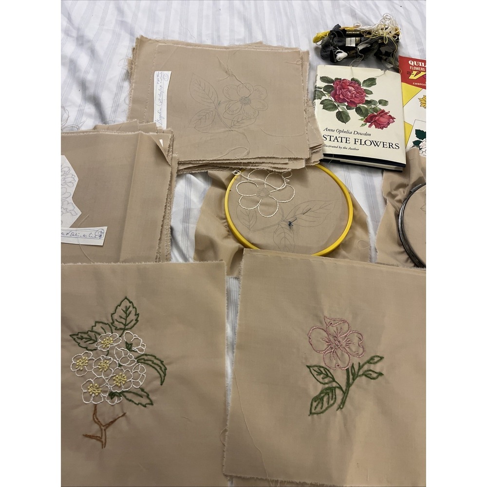 Vintage Lot Unfinished Quilting Squares State Flowers Embroidered Pieces